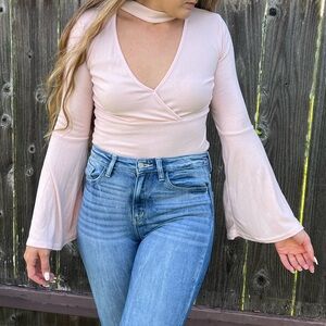 BooHoo Pink Bell Sleeve Leotard top